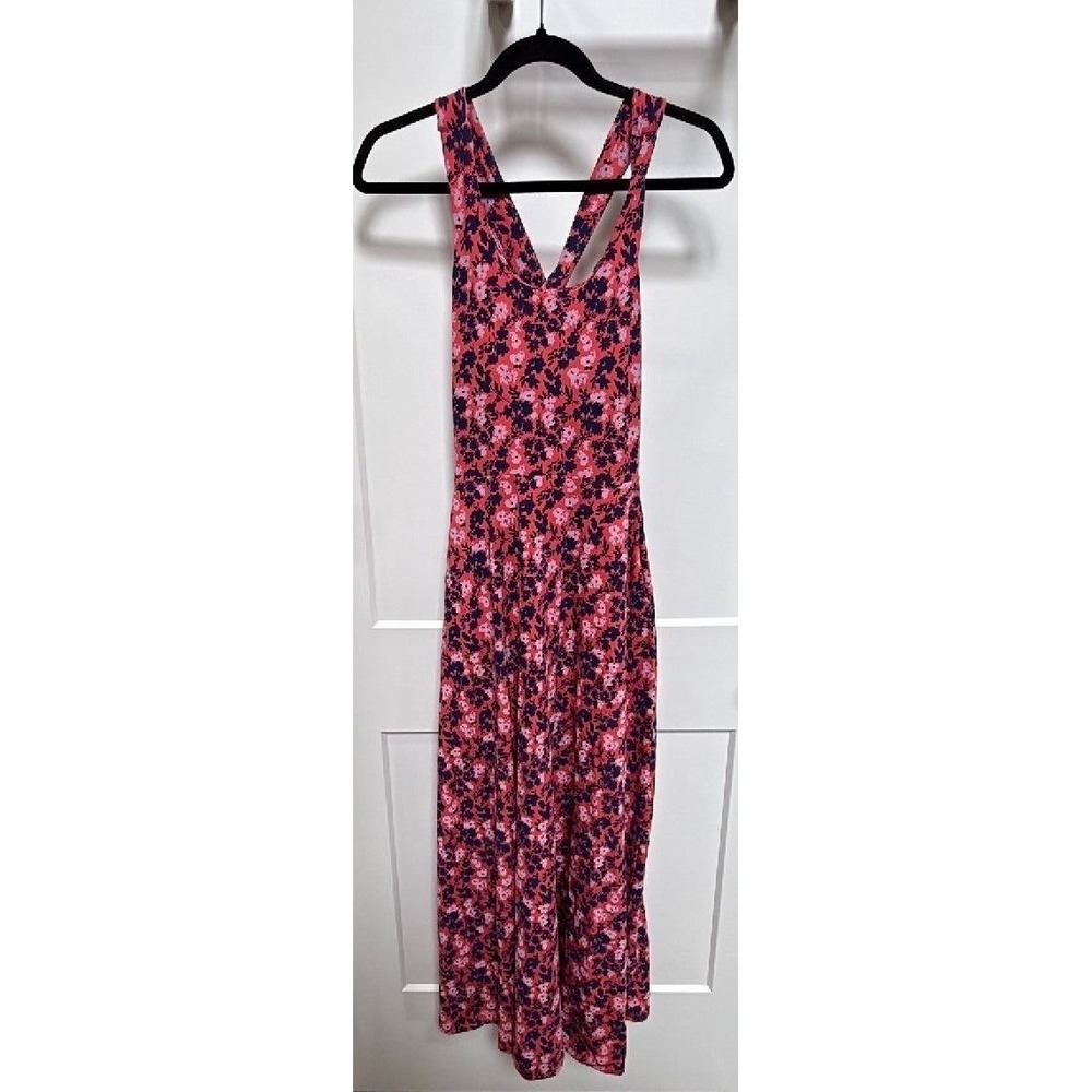 PACT Organic Cotton Floral Maxi Dress XS Pink Cross Back Shelf Bra Pockets